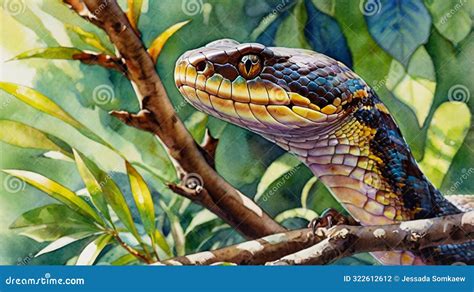 Watercolor Painting A Vibrant Snake Coiled Around Tree Branch Its