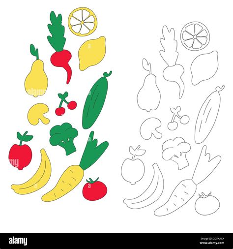 Verduras y frutas para niños Iconos dibujados a mano Libro de