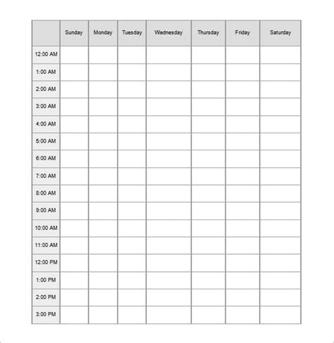 Printable 24 Hour Weekly Schedule Template - Printable Word Searches