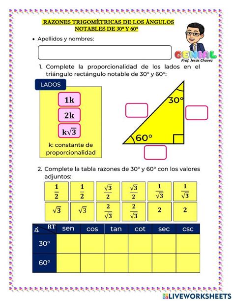 Razones Trigonométricas De ángulos Notables De 30° Y 60° Worksheet