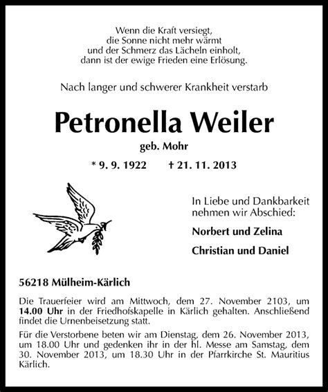 Traueranzeigen Von Petronella Weiler Rz Trauer De