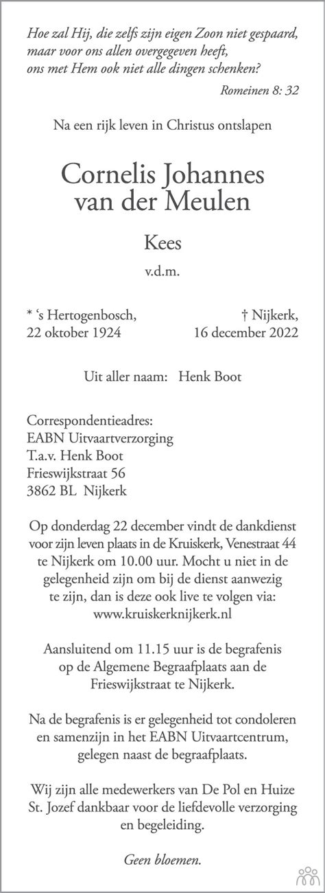 Cornelis Johannes Kees Van Der Meulen 16 12 2022 Overlijdensbericht