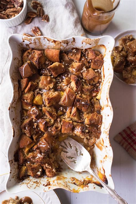 Peach Bread Pudding with Caramel Pecan Sauce - Let's Eat Cake