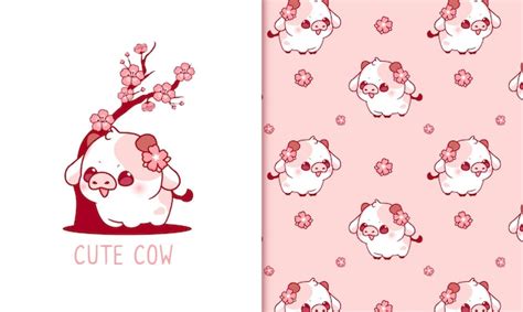 Premium Vector | Cute cow and cherry blossoms blooming seamless pattern ...