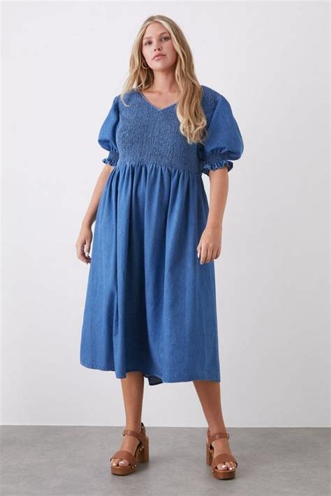 Dresses Curve V Neck Denim Shirred Midi Dress Dorothy Perkins