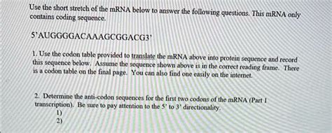 Solved Use The Short Stretch Of The Mrna Below To Answer The Following