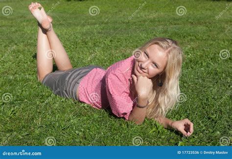 The Blonde On A Grass Stock Photo Image Of Beautiful