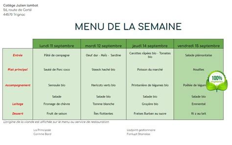 MENU SEMAINE DU 11 AU 15 SEPTEMBRE 2023 Collège Julien Lambot