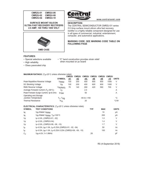 Cmr U Datasheet Surface Mount Silicon Ultra Fast Recovery Rectifiers