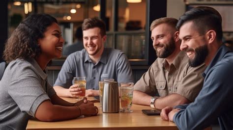 Um Grupo De Pessoas Senta Se Mesa De Um Bar Conversando E Rindo