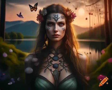 Hyperrealistic Render Of Mystical Norse Celtic Woman With Flowers And