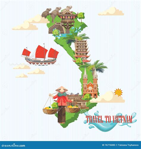 Travel To Vietnam Poster With Green Vietnamese Map Cartoon Vector