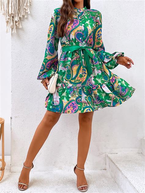 Shein Vcay Robe Ceintur E Imprim Manches Bouffantes Volants Mode