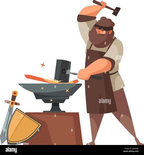 Medieval Blacksmith Making Swords And Shields On Anvil Cartoon Vector