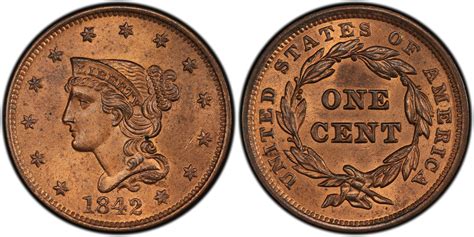 1842 1C N 4 Large Date RB Regular Strike Braided Hair Cent PCGS