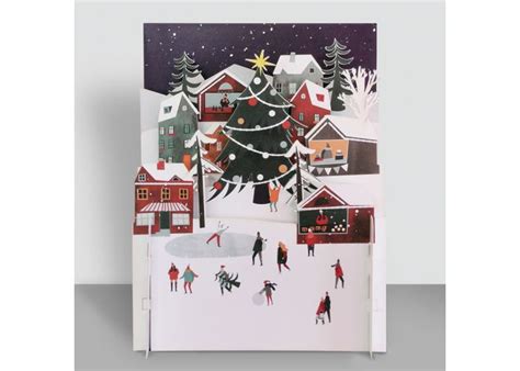 D Pop Up Kerstkaart Miniature Greetings Sneeuwpret Schaatsen