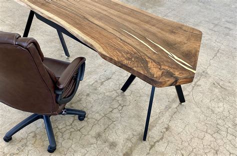 Live Edge Walnut Slab Desk With Brass Inlays Solid American Walnut