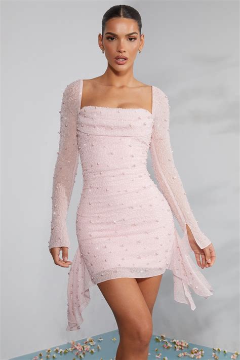 Tivoli Long Sleeve Embellished Cowl Neck Mini Dress In Blush Oh Polly