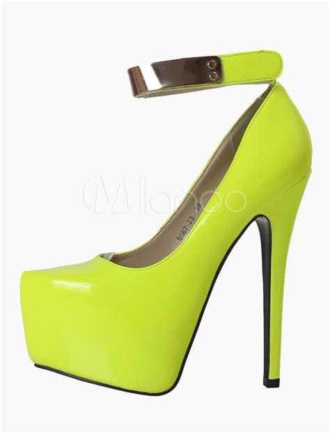 Metallic Yellow Stiletto Heel Pu Leather Pointed Toe Velcro Woman S High Heels