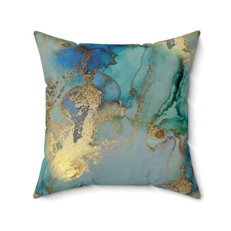 Gold And Blue Marble Spun Polyester Square Pillow With Insert Puffin