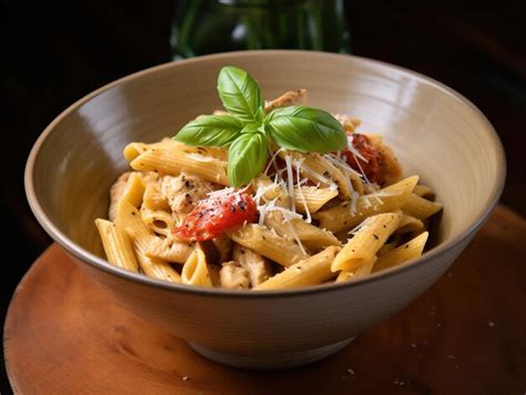 Premium AI Image A Bowl Of Penne Pasta With Chicken And Basil