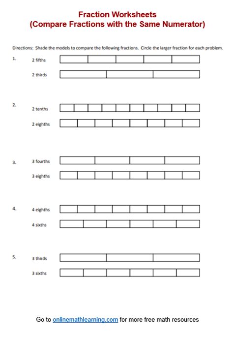 Compare Fractions With Same Numerator Worksheets Answers Printable Online Grade 3