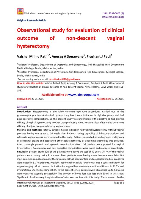 Pdf Clinical Outcome Of Non Descent Vaginal Hysterectomy