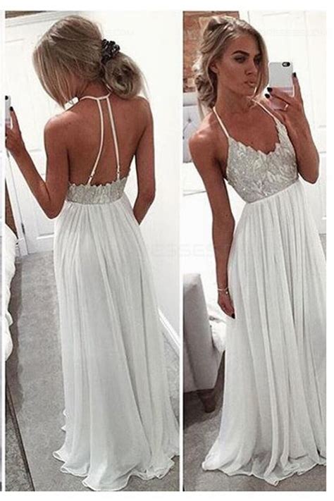 Long White Spaghetti Straps Chiffon Prom Dresses Party Evening Gowns