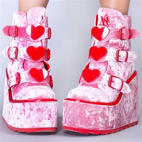 Yru Shoes Dune Lo Heart Velvet Platform Boots In Pink Red Poshmark