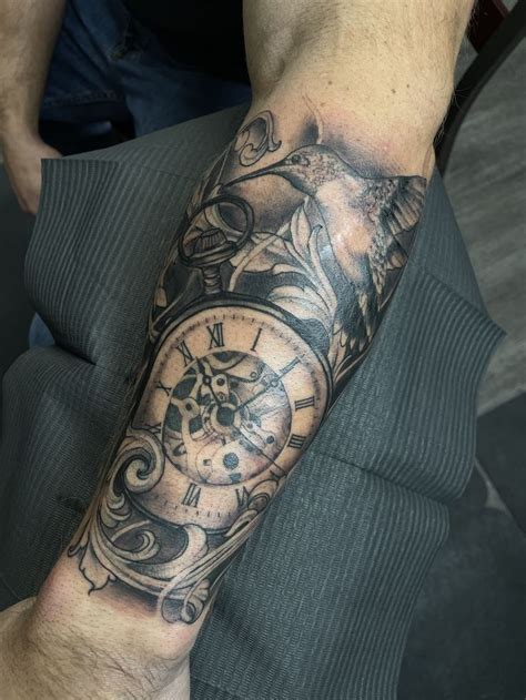 Black and Gray Clock and Humming Bird Tattoo By John | Time tattoos ...