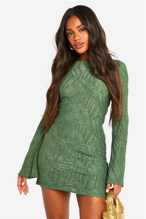 Textured Flare Sleeve Mini Dress Boohoo Usa