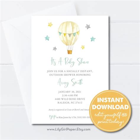 Editable Outdoor Baby Shower Invitation Hot Air Balloon Gender