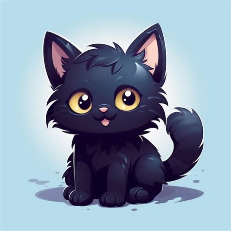 Gato Negro De Dibujos Animados Sentado En El Suelo Con Ojos Amarillos