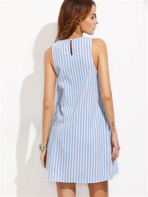 Blue And White Stripe Sleeveless Shift Dress Shein Sheinside