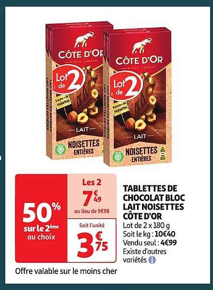 Promo Tablettes De Chocolat Bloc Lait Noisettes Côte D or chez Auchan