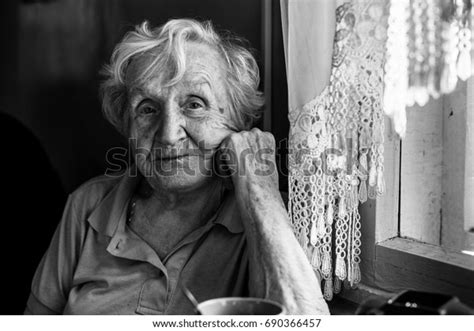 Blackandwhite Portrait Elderly Woman Her Home Stock Photo Edit Now