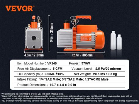 VEVOR 1 2 HP 2 Stage Rotary Vane Vacuum Pump 5 CFM 115V Air