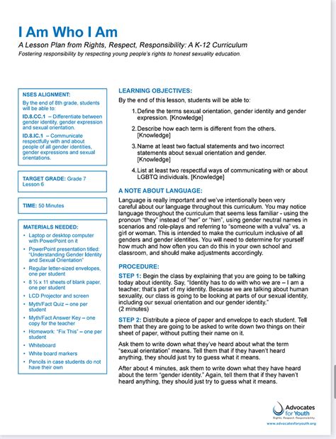 Bloomfield Hills MI I Am Who I Am 8th Grade Sex Education Lesson Plan