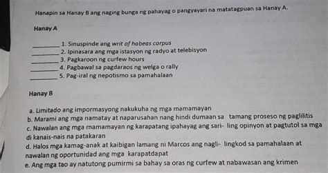 Hanapin Sa Hanay B Ang Naging Bunga Ng Pahayag O Pangyayari Na