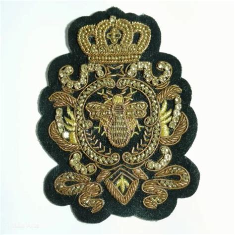 Black And Golden Bullion Wire And Yarn Crown Handmade Embroidered Badge