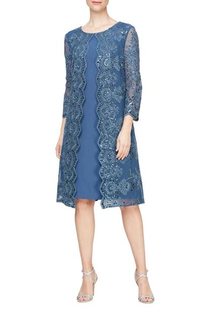 Alex Evenings Embroidered Mock Jacket Cocktail Dress In Vintage Blue