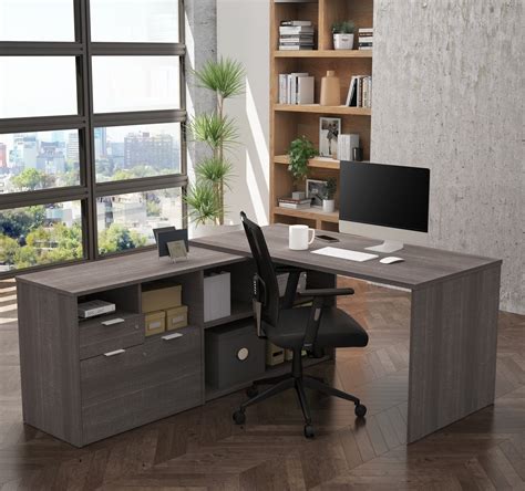 Stunning L-Shaped Bark Grey Office Desk with Credenza - OfficeDesk.com