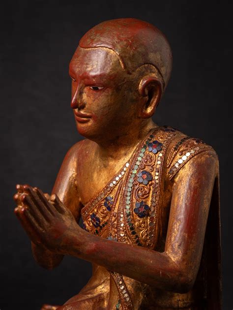 Early 20th Century Pair Of Old Wooden Burmese Monk Statues From Burma