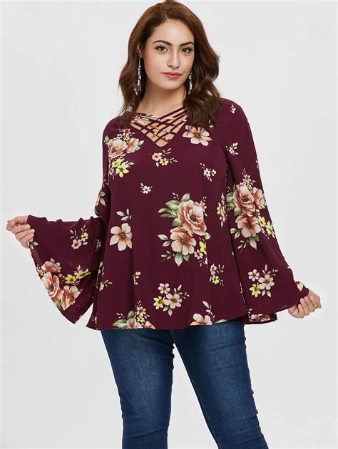 Wipalo Plus Size Women Print Bell Sleeve Blouse Floral Pattern Lattice