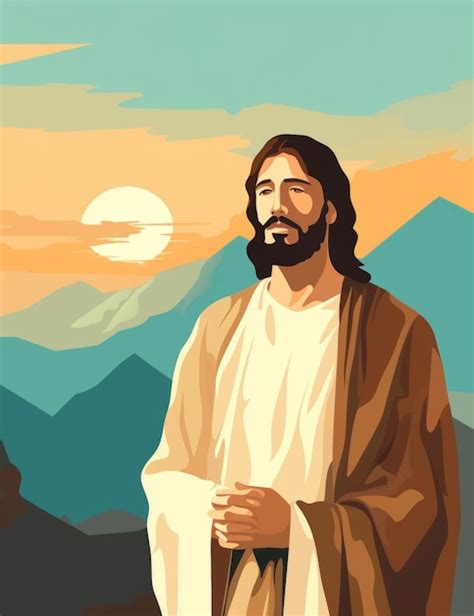 Premium Ai Image Jesus Standing In Front Of A Mountain With A Sunset