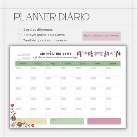 Planner Mensal Digital Edit Vel Em Canva Floral Elo