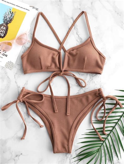 Zaful Ribbed V Wired Criss Cross Bikini Set Corn Yellow Light Brown