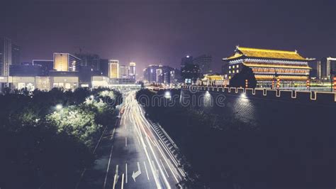 Xian Skyline with City Wall at Night, China Stock Image - Image of travel, destination: 144979741