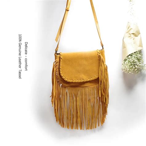 Genuine Leather Suede Vintage Bohemian Fringe Messenger Crossbody Bag Purse Women Tassel Boho