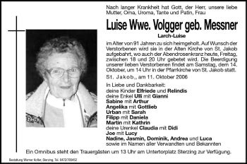 Traueranzeigen Von Luise Volgger Trauer Bz